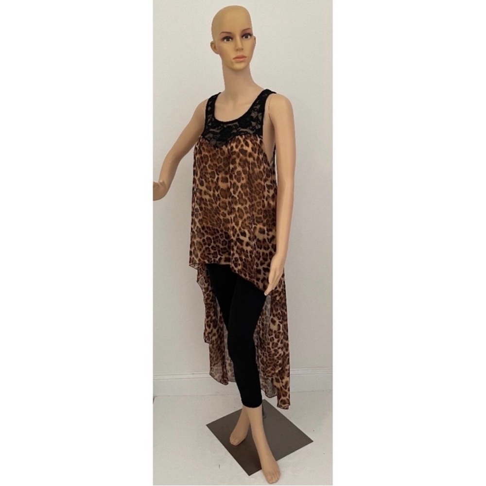 Leopard Print Sleeveless High Low Sheer Lace Top Blouse